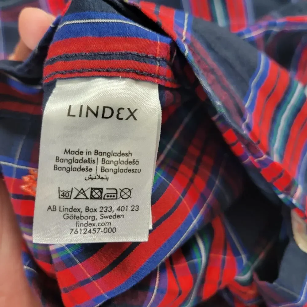 Holly Whyte Lindex Boys LG Tartan Plaid Navy Red Holiday Christmas Shirt EUC